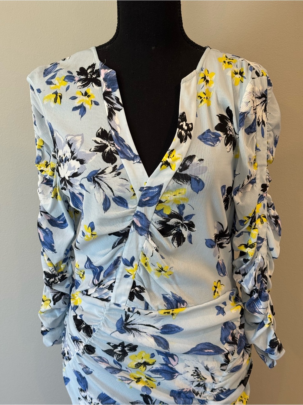 DIANE VON FURSTENBERG Maxi Dress Size Large Lined Ruched Long Sleeve Blue Floral